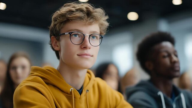 A diverse group of driving school students listening to a theory class about traffic rules and regulations, emphasizing education, inclusivity, and responsible behavior on the road. cinematic color