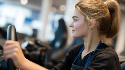 A student adjusting mirrors and seat position in a training car, highlighting safety awareness, comfort, and responsible driving habits from the very beginning. cinematic color correction, gentle