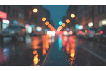 A nighttime urban street scene featuring blurred car lights and reflections on a wet pavement