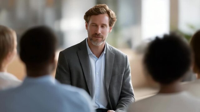 A psychologist leading a group therapy or self-development session, representing professional guidance, empathy, and the importance of mental balance and interpersonal skills. cinematic color