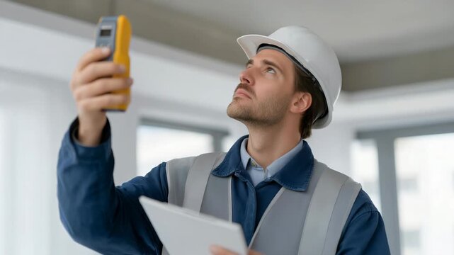 A worker using a thermal imaging camera to detect hidden water leaks, symbolizing technology in diagnostics, preventive maintenance, and smart home solutions. cinematic color correction, gentle