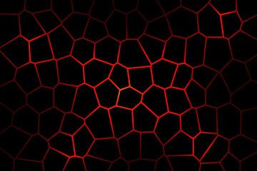Dark hexagonal technology vector abstract background. Red bright energy flashes under hexagon in modern technology futuristic background vector illustration. Dark and red 3d honeycomb texture