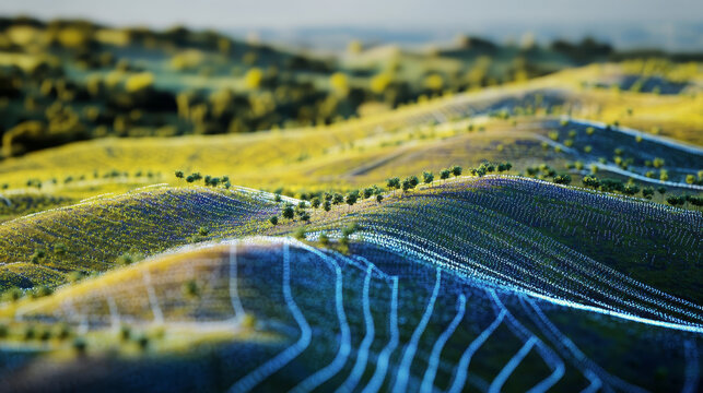 Smart vineyards &ndash; Digital map of automated drone monitoring routes over vineyards with precision agriculture network overlay. White background.