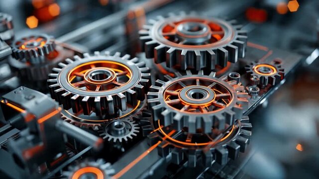Intricate Gears: A close-up showcases a symphony of interlocking gears, gears meshing together symbolizing precision and engineering prowess in a display of mechanical ingenuity.