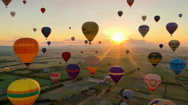 Hot air balloons floating over scenic valley at sunrise, colorful envelopes and mist layers