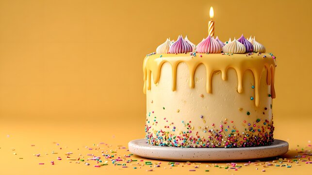 Minimalist, elegant birthday cake has a single glowing candle and colorful drips. The celebratory photo is set against a clean pastel yellow background.