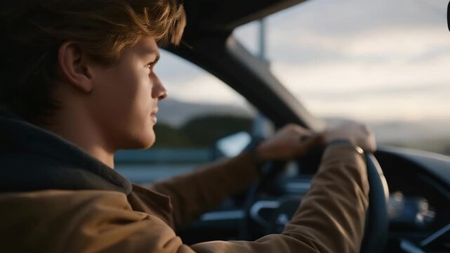 A student practicing emergency braking and safe distance techniques, highlighting driver control, reflex training, and accident prevention. cinematic color correction, gentle backlight, clean