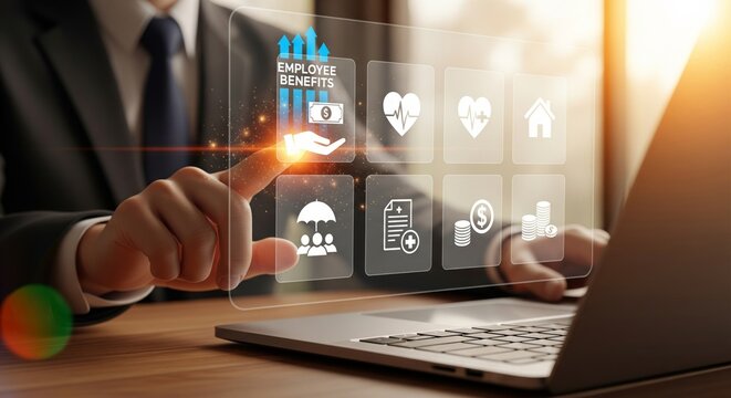 Employee Benefits HUD Over Laptop &mdash; Compensation, Health, Housing & Retirement Icons