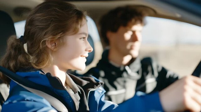 A young learner driver practicing car maneuvers with an instructor in the passenger seat, symbolizing education, road safety, and skill development in a professional driving school environment.