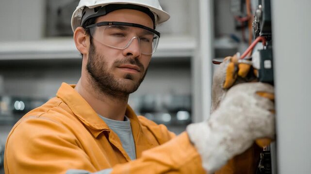 An electrician wearing protective gloves and goggles repairing faulty cables in a junction box, representing professionalism, personal safety, and technical competence. cinematic color correction,