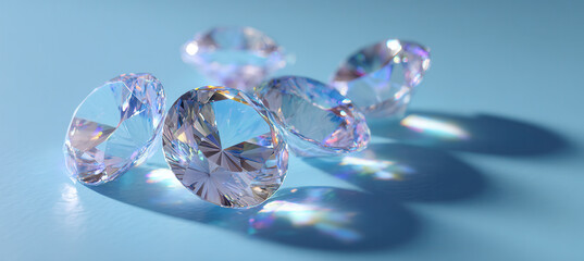 Sparkling clear gems placed casually on a blue surface under soft lighting
