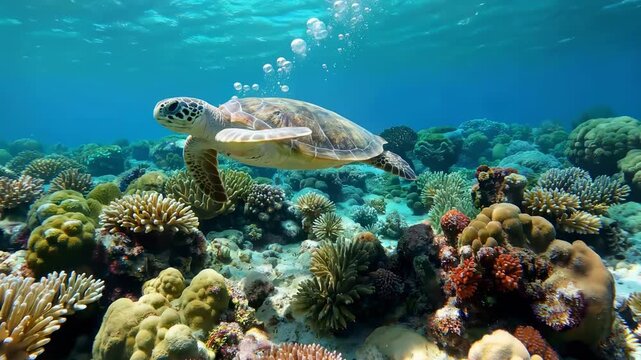 Green sea turtle gliding over coral reef with sun rays and clear tropical water, schools of fish and waving seagrass