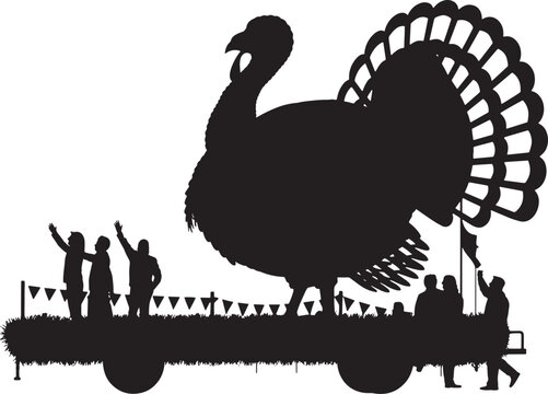 Thanksgiving Turkey Parade Float Silhouette with Cheering People on Transparent Backdrop