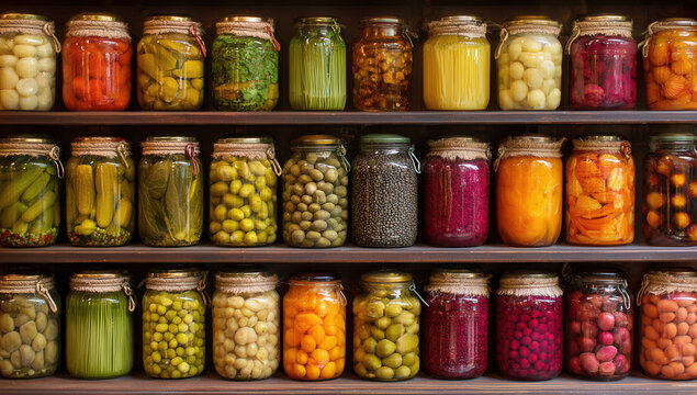 Colorful jars of preserved vegetables and fruits displayed neatly on wooden shelves in a cozy kitchen setting
