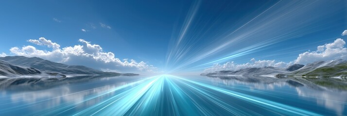 Futuristic speed lines illuminate a tranquil water surface, leading towards a distant horizon under a bright blue sky