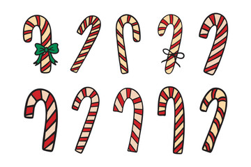 Candy cane clipart set with striped Christmas canes, with and without bows, festive collection, hand drawn.