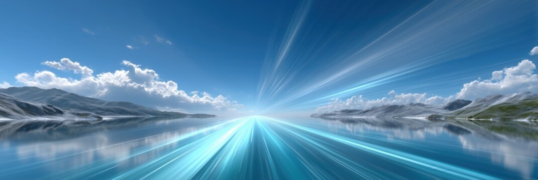 Futuristic speed lines illuminate a tranquil water surface, leading towards a distant horizon under a bright blue sky