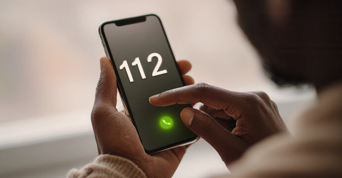 Person dialing emergency number 112 on smartphone for urgent assistance in a bright indoor setting