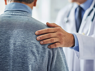Compassionate care – Doctor gently placing reassuring hand on patient’s shoulder in consultation room, warm compassionate healthcare interaction.
