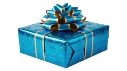 A bright blue gift box wrapped in shimmering paper with a golden ribbon and a large blue bow isolated on transparent background