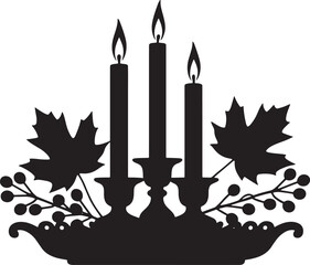 Thanksgiving Centerpiece Silhouette with Candles, Maple Leaves, Berries on Transparent