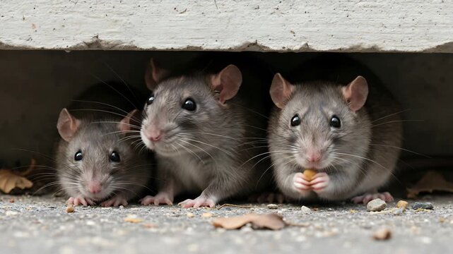 Three curious rats peeking from concrete crevice one eating a nut close up rodent wildlife urban