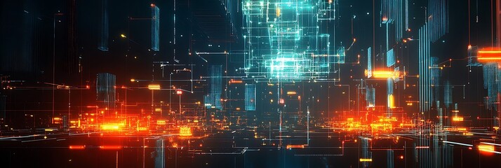 An abstract representation of a futuristic digital landscape, filled with vibrant neon lights and complex data pathways. The image conveys the essence of technological advancement