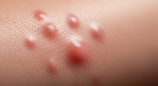 Closeup of human skin featuring raised red bumps Skin pores are visible