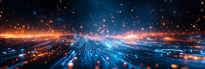 Data transfer concept featuring digital information pathways with orange and blue hues. The image showcases network data, perfect for technological themes