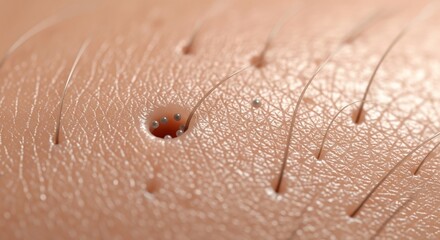 Closeup of human skin with hair follicles and small round objects within a pore