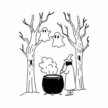witch stirring cauldron with ghosts clip art preview