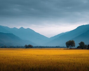 Fototapeta premium Golden rice fields under cloudy mountains tranquil landscape nature scene aerial view serene environment