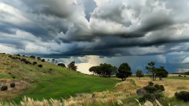 Sunlit rolling hills under gathering storm clouds, dynamic light patches and dramatic sky contrast