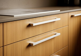 Modern kitchen drawers with sleek silver handles and a countertop surface