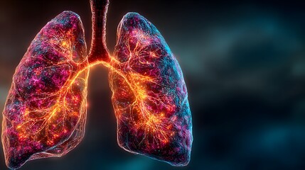 Semi-transparent view of human lungs glows with internal light. This futuristic, photorealistic medical illustration represents good respiratory health.