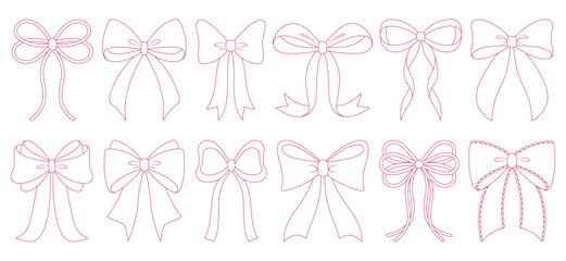 Collection of red line bows for birthday and valentine's day decor, packaging, invitations and digital design. Vector illustration isolated on a white background.	