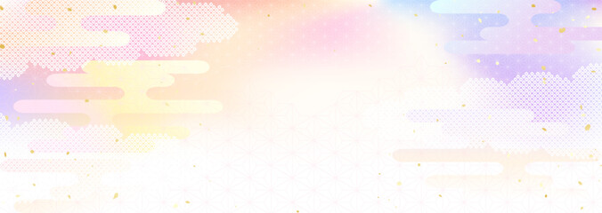 夕空のグラデーションと日本の伝統的な模様を組み合わせた和風背景イラスト