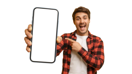 Excited young man wearing a red plaid shirt pointing at a blank black smartphone screen isolated on transparent background