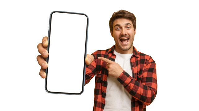 Excited young man wearing a red plaid shirt pointing at a blank black smartphone screen isolated on transparent background