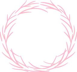 Pink Cozy Twig Wreath Outline in Pastel Hand Drawn Illustration