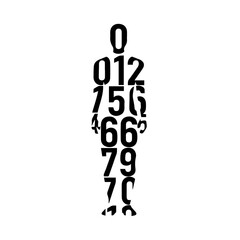 A black silhouette of a generic human figure, filled entirely with large, overlapping numbers from 0 to 10. The numbers are integrated into the shape, creating a textual and abstract representation of