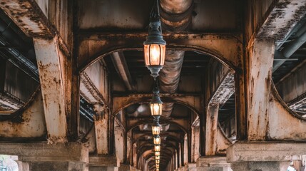 Abstract city interior with receding pillars, hanging lights from ceiling, creating futuristic perspective and depth, modern architectural design with urban illumination, geometric structure concept