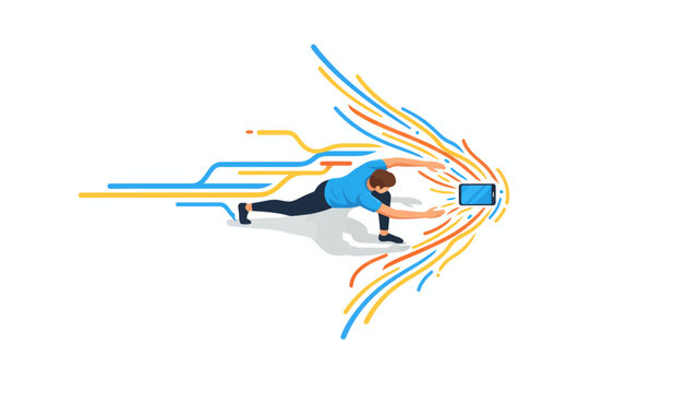 High-Speed Digital Transformation: Man accessing rapid data flow and immersive mobile technology connections, symbolizing efficiency and future growth.