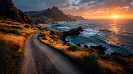 Fototapeta premium Winding gravel road runs through a rugged coastal landscape toward a beautiful sunset. The warm golden light evokes a great sense of adventure and journey.