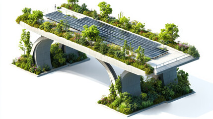 Eco-bridge design – Isometric 3D eco-bridge with vegetation, stormwater capture, and solar panels, blending infrastructure with sustainable nature.