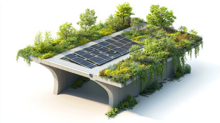 Eco-bridge design – Isometric 3D eco-bridge with vegetation, stormwater capture, and solar panels, blending infrastructure with sustainable nature.