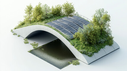 Eco-bridge design – Isometric 3D eco-bridge with vegetation, stormwater capture, and solar panels, blending infrastructure with sustainable nature.
