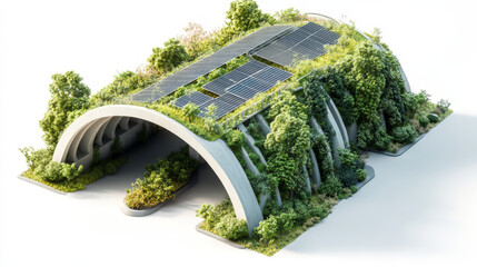 Eco-bridge design – Isometric 3D eco-bridge with vegetation, stormwater capture, and solar panels, blending infrastructure with sustainable nature.