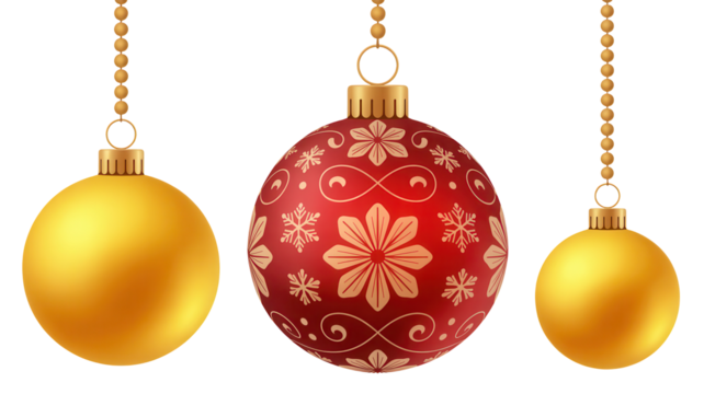 Three festive christmas ornaments including a red patterned bauble and two golden oval decorations hanging on chains isolated on transparent background
