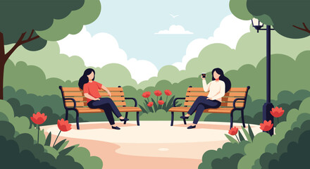 Fototapeta premium Two women sit on park benches with social distancing in a park with trees and flowers.